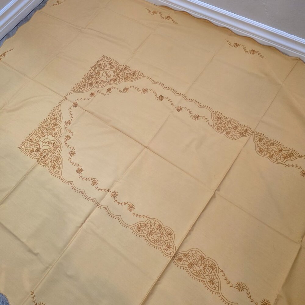 Vintage Madeira Tablecloth Linen Hand Embroidered gold Flowers plants 57"x104"